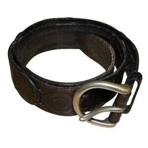 Vintage Tooled Leather Belt Floral Embossed Brass Buckle Medium